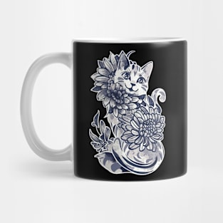 Playful Feline Amidst Floral Beauty - Monochromatic Cat Illustration Mug